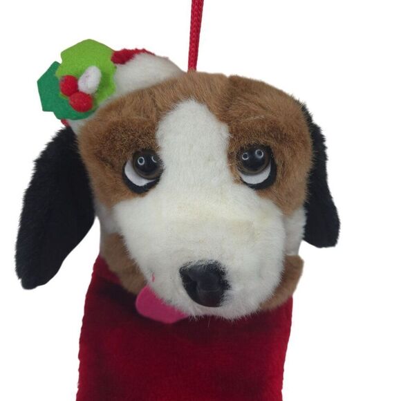 Vintage 90s Dog Plush Christmas Stocking Santa Hat Holly Berries 18" - Picture 2 of 4